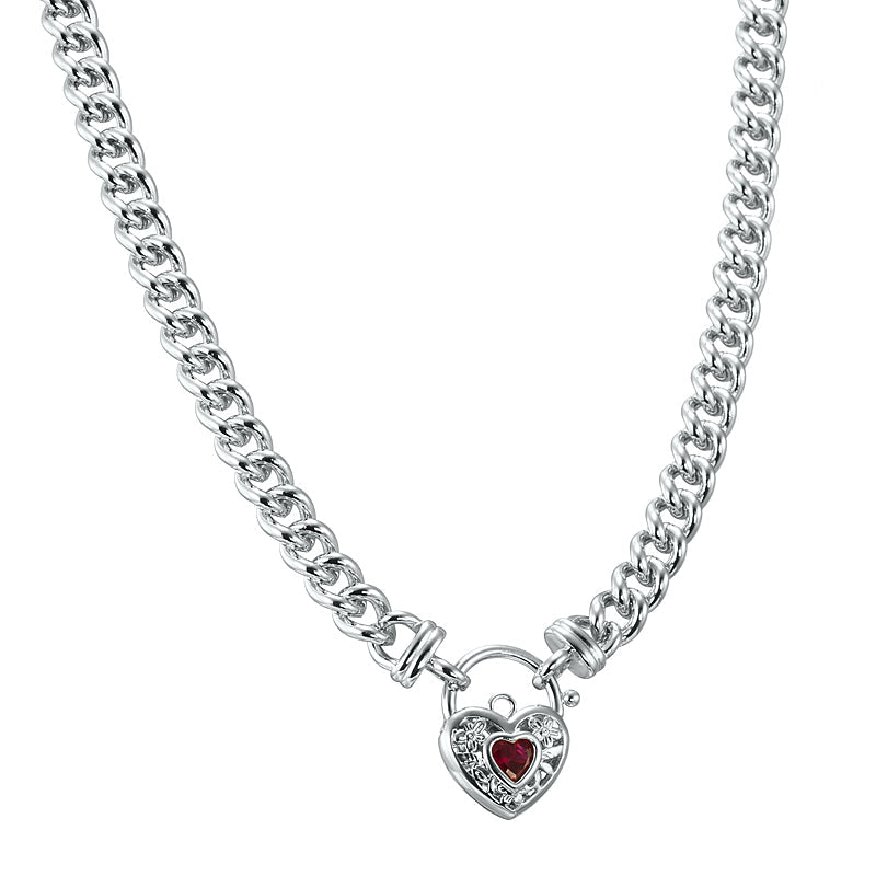 925 Sterling Silver Plated Euro Chain Necklace with a Filigree Locket Featuring a Simulated Ruby - USA Made-0
